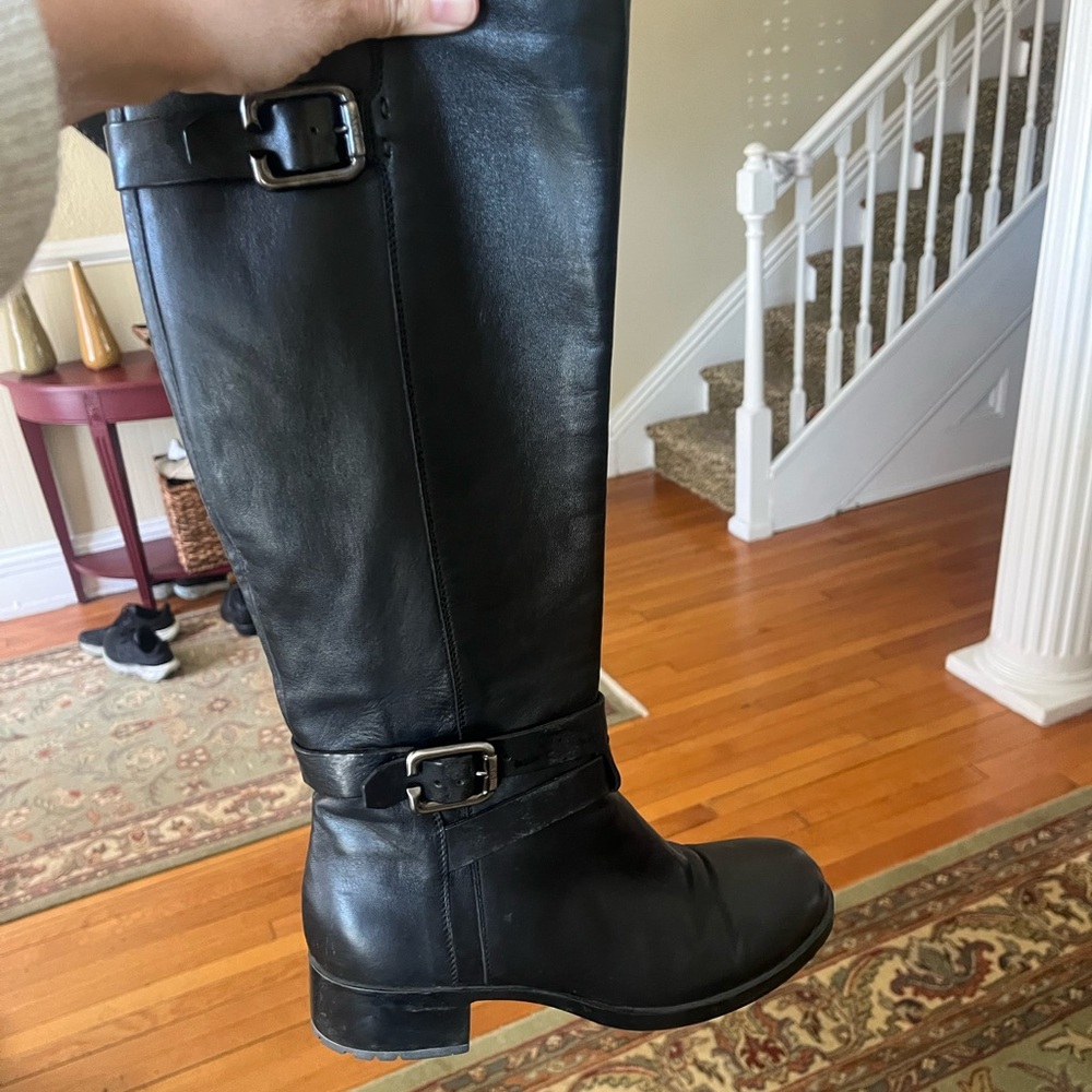 AGL Womens Black Leather Knee High With Buckle Zip Up Low Heel Boots